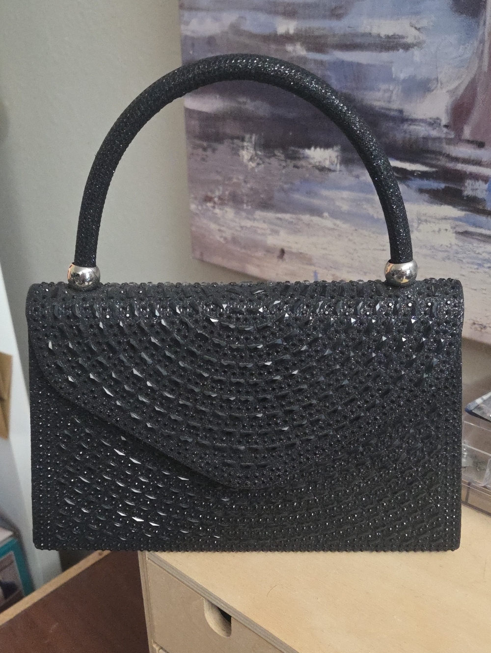 Elegant Black Crystal-Embellished Top-Handle Bag